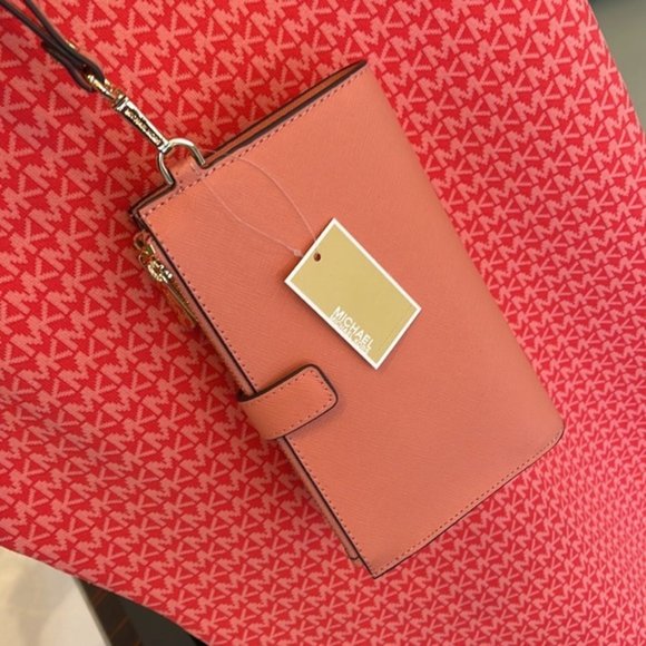 Michael Kors Jet Set Travel Leather Large Double Zip Wallet Wristlet Sherbert - Picture 5 of 16